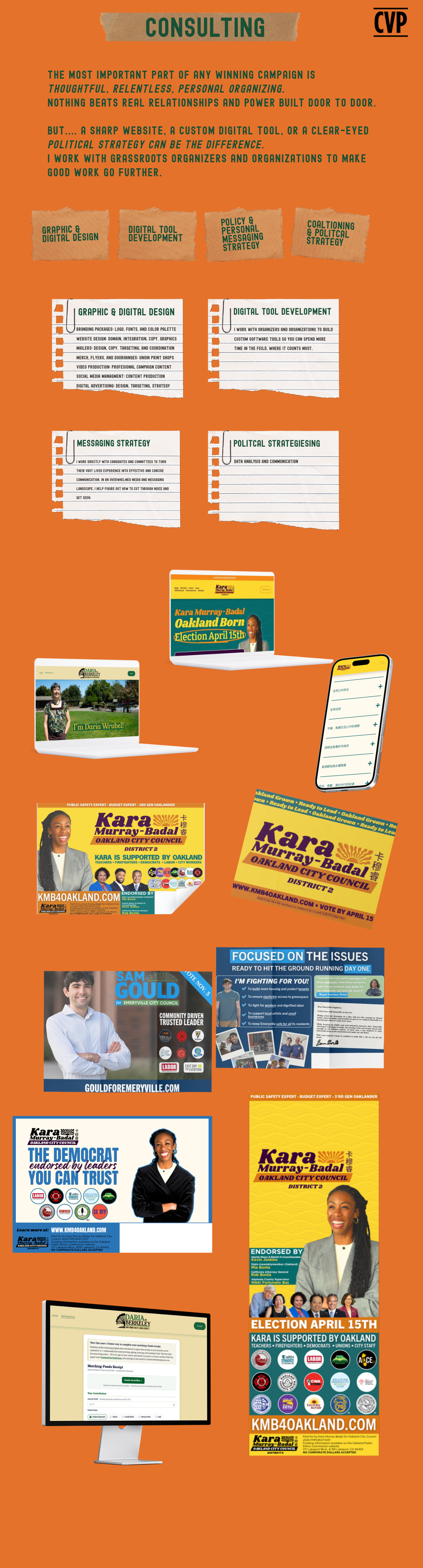 Consulting page describing services: digital tool development, political strategy, messaging strategy, and graphic & digital design, with a portfolio of past campaign work.